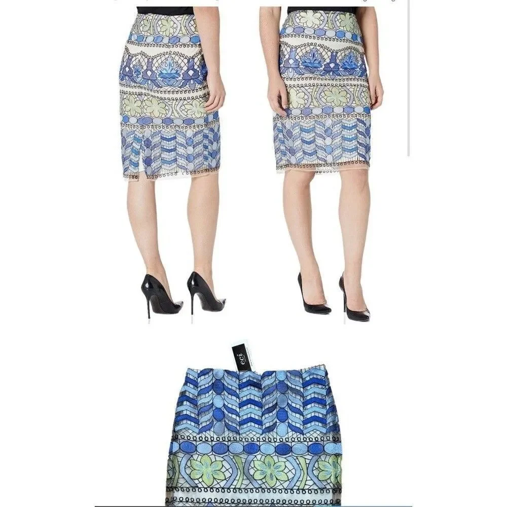 Beige ECI All Over Embroidery Midi Length Skirt 8 Teal Green Floral Lace Lined